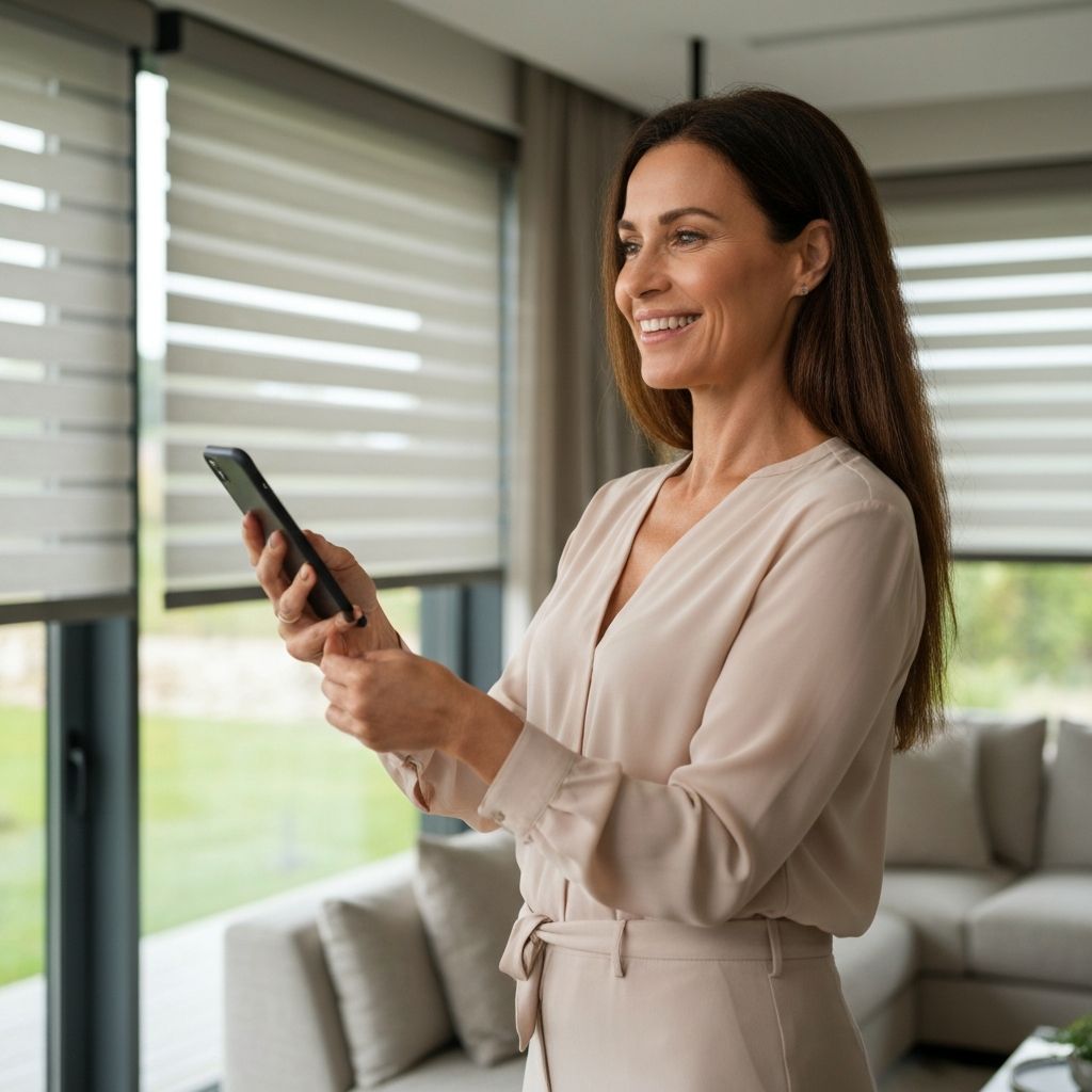 Happy woman controlling motorized window shades with smartphone in modern luxury home